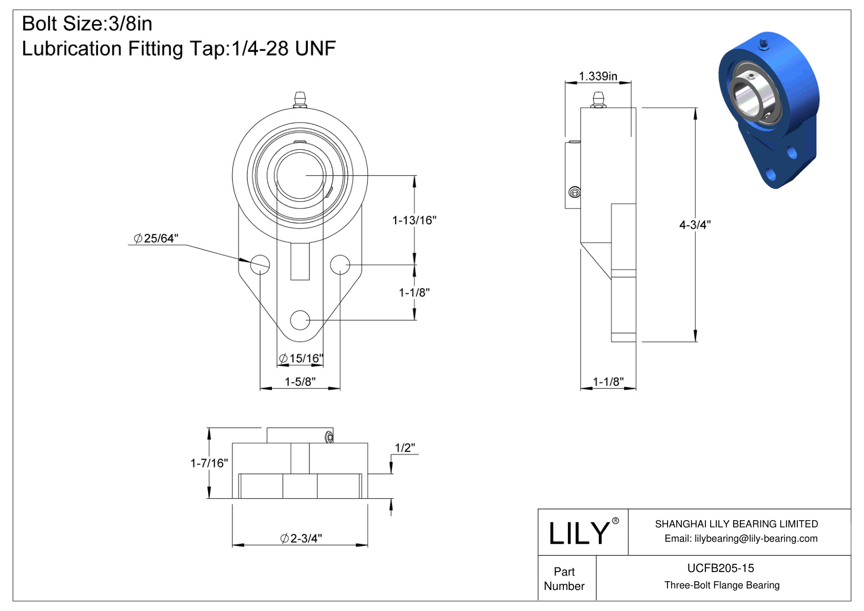 UCFB205-15 Tornillo de fijación del cojinete de brida de tres pernos cad drawing