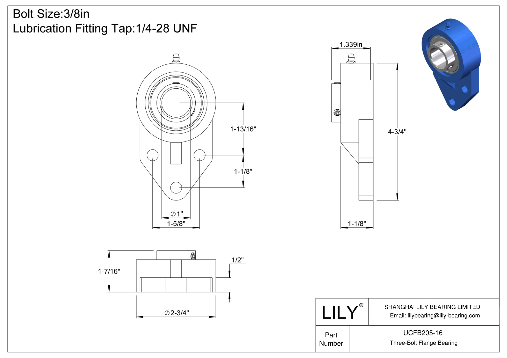 UCFB205-16 Three-Bolt Flange Bearing Set Screw Locking cad drawing