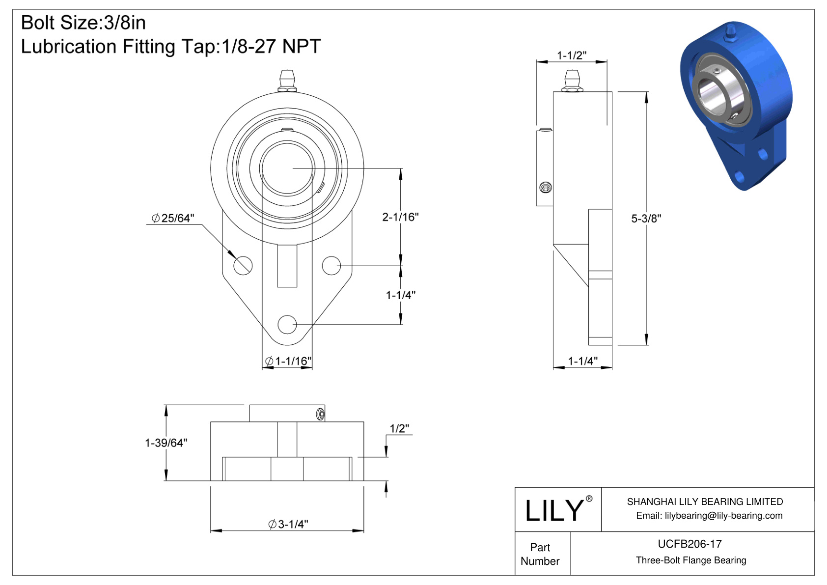 UCFB206-17 三螺栓法兰轴承固定螺钉锁定 cad drawing