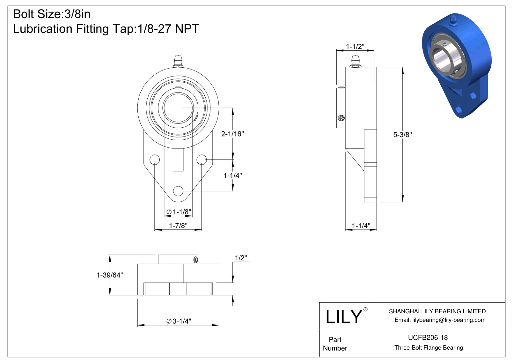 UCFB206-18 Three-Bolt Flange Bearing Set Screw Locking cad drawing