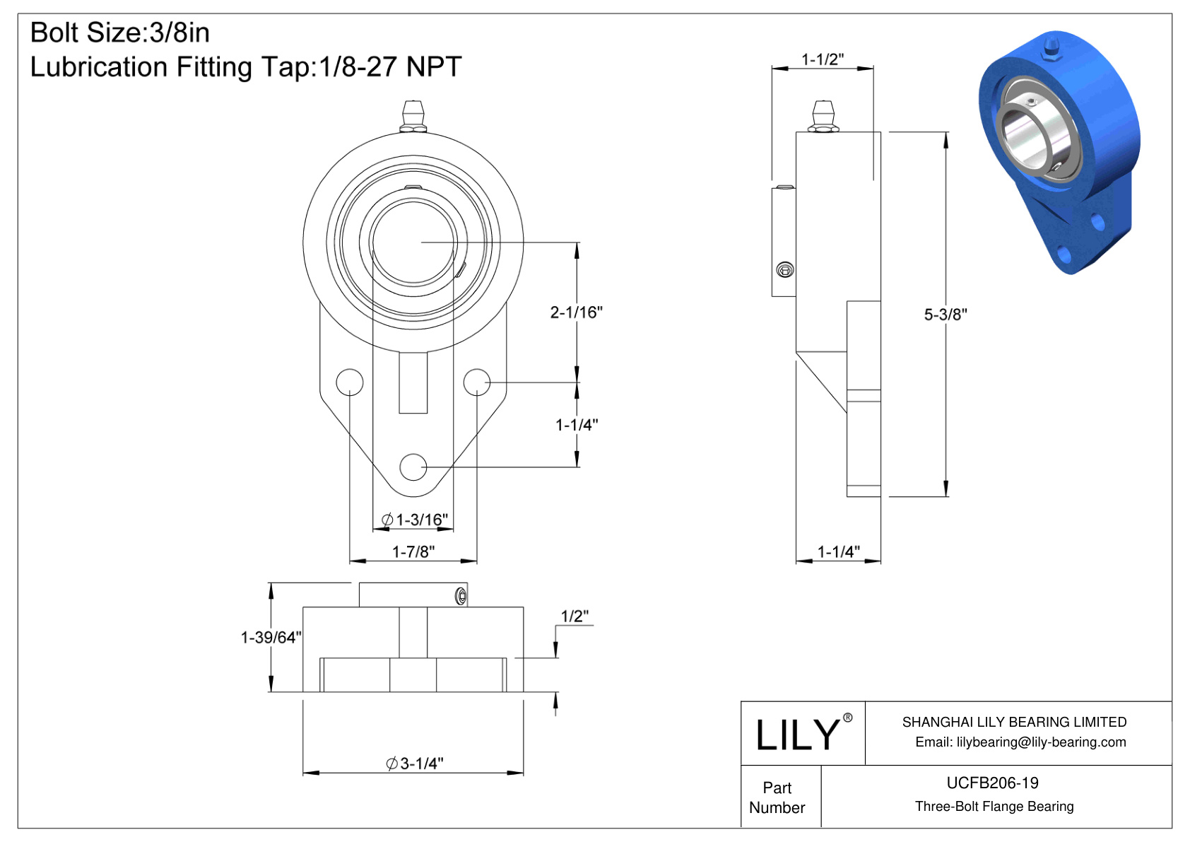 UCFB206-19 Three-Bolt Flange Bearing Set Screw Locking cad drawing