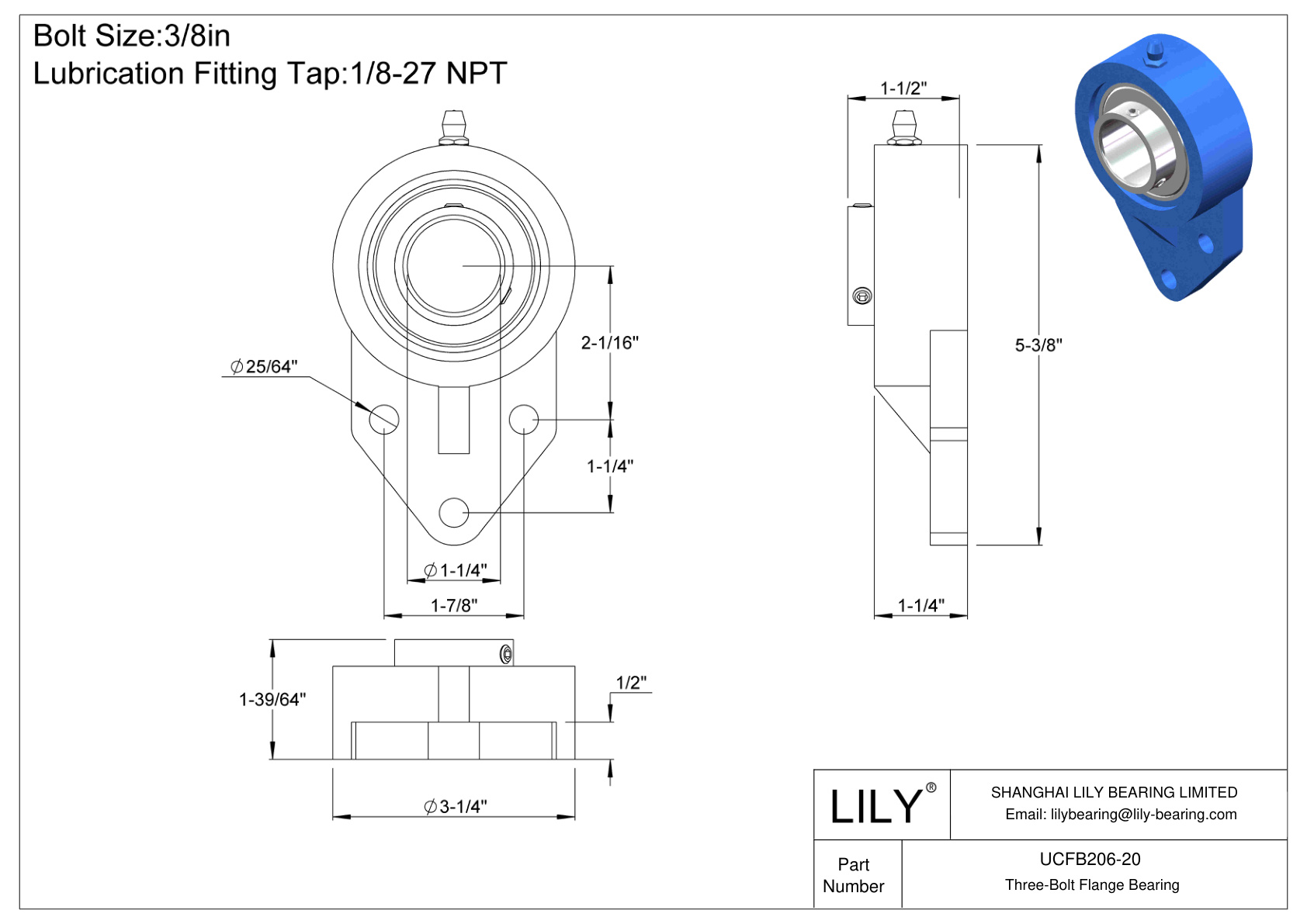 UCFB206-20 Tornillo de fijación del cojinete de brida de tres pernos cad drawing