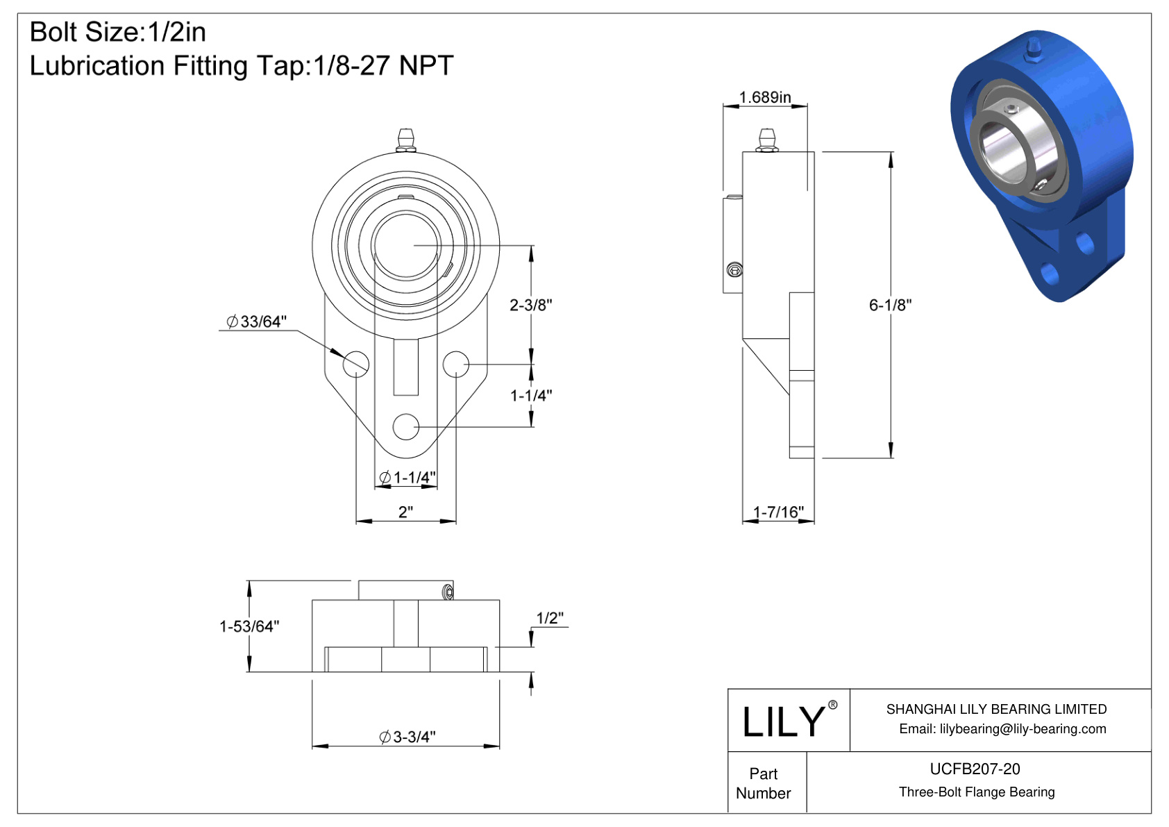 UCFB207-20 Three-Bolt Flange Bearing Set Screw Locking cad drawing