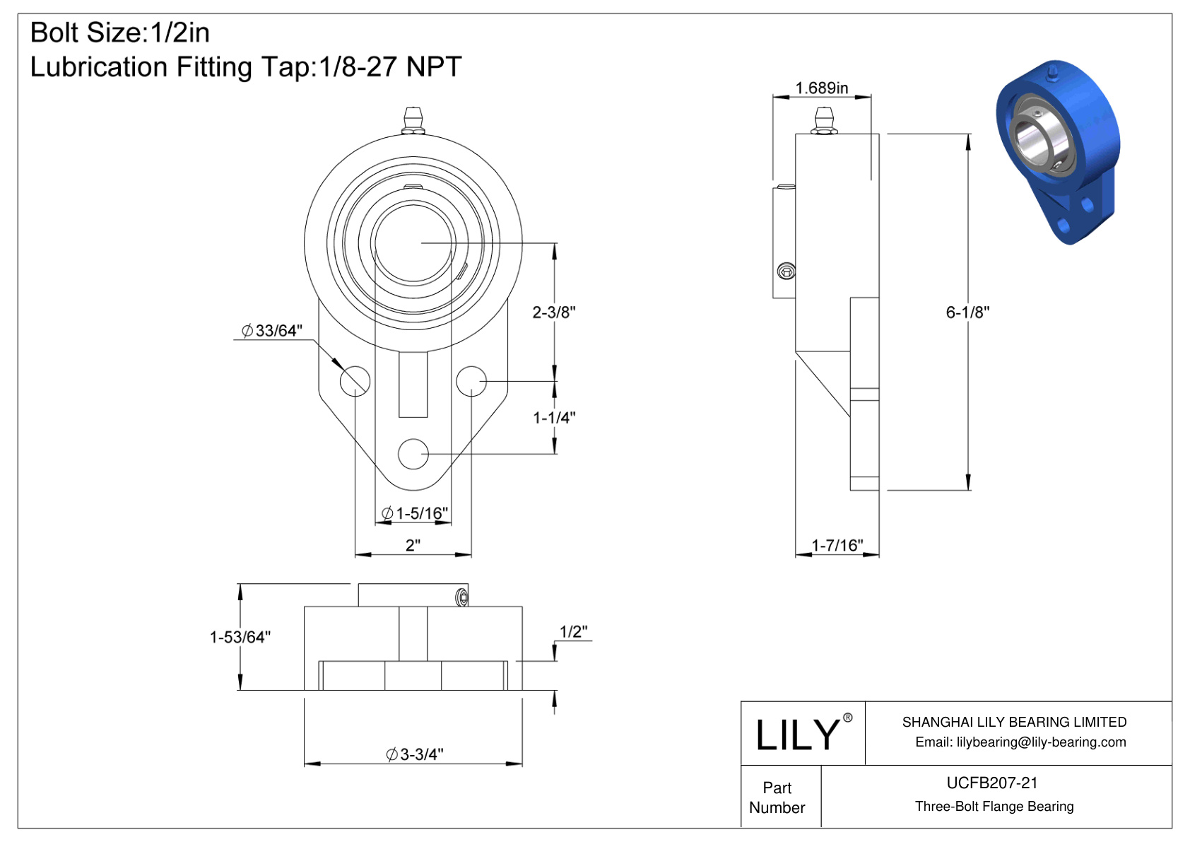 UCFB207-21 Tornillo de fijación del cojinete de brida de tres pernos cad drawing