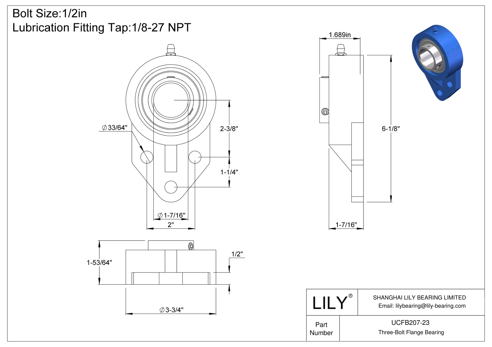 UCFB207-23 Three-Bolt Flange Bearing Set Screw Locking cad drawing