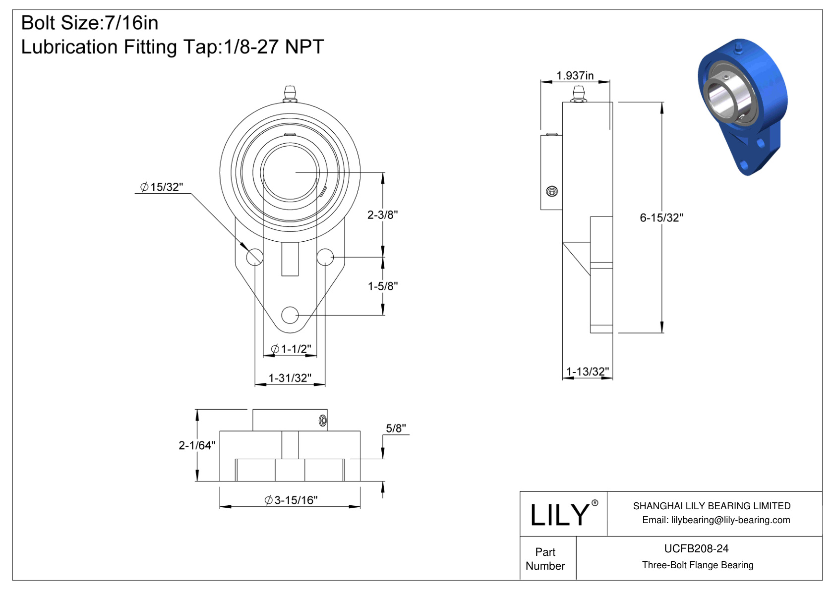 UCFB208-24 Three-Bolt Flange Bearing Set Screw Locking cad drawing