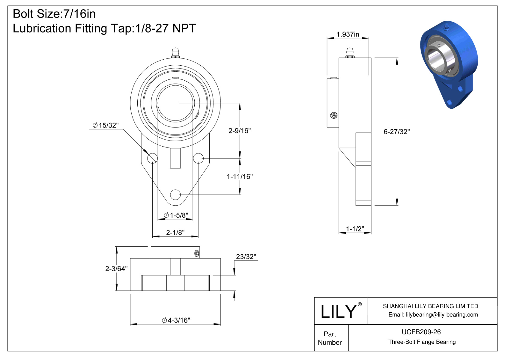 UCFB209-26 Tornillo de fijación del cojinete de brida de tres pernos cad drawing