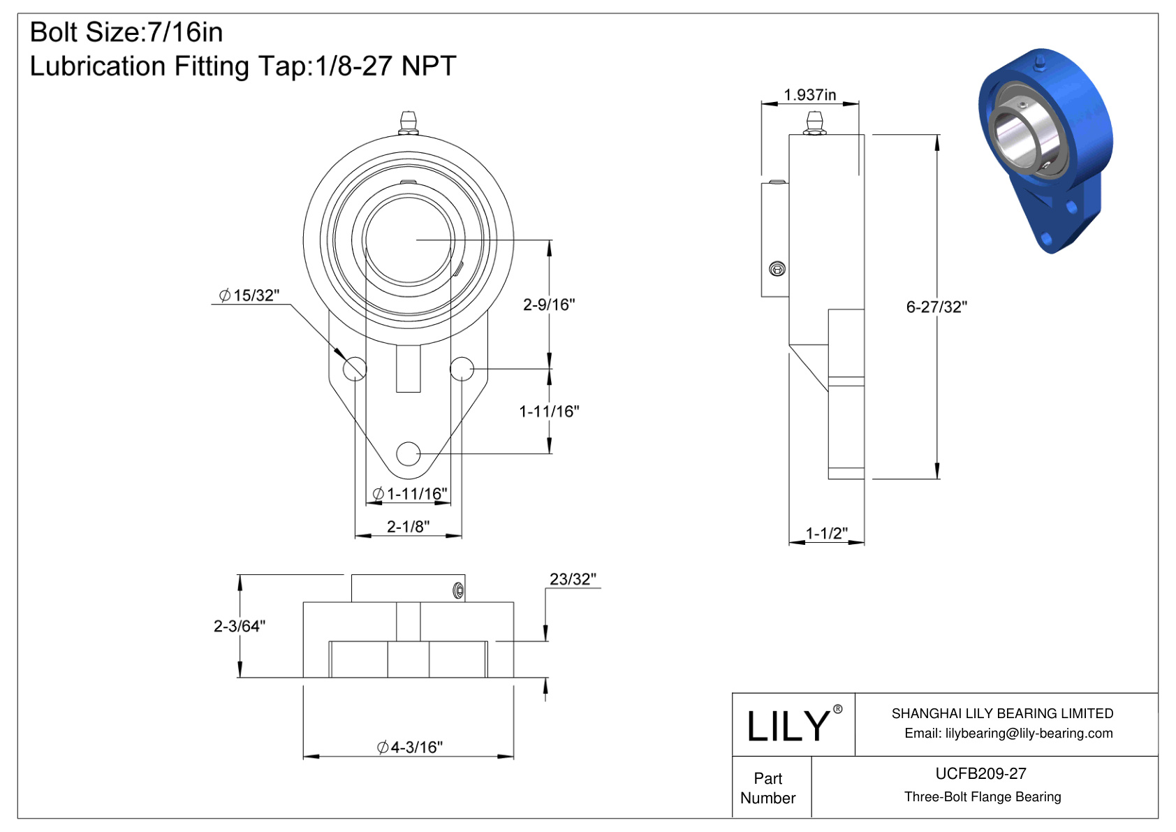 UCFB209-27 Tornillo de fijación del cojinete de brida de tres pernos cad drawing