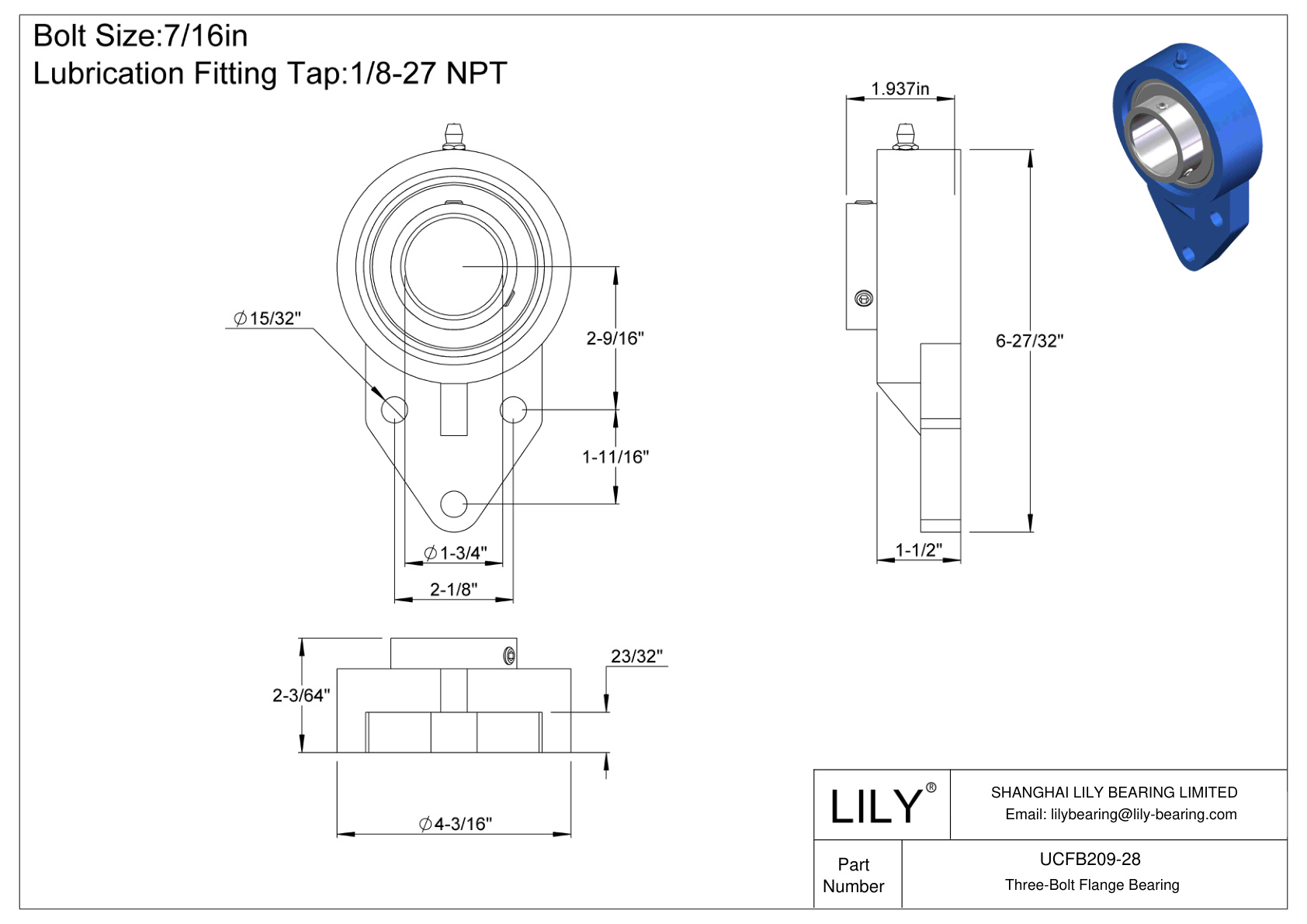 UCFB209-28 Three-Bolt Flange Bearing Set Screw Locking cad drawing