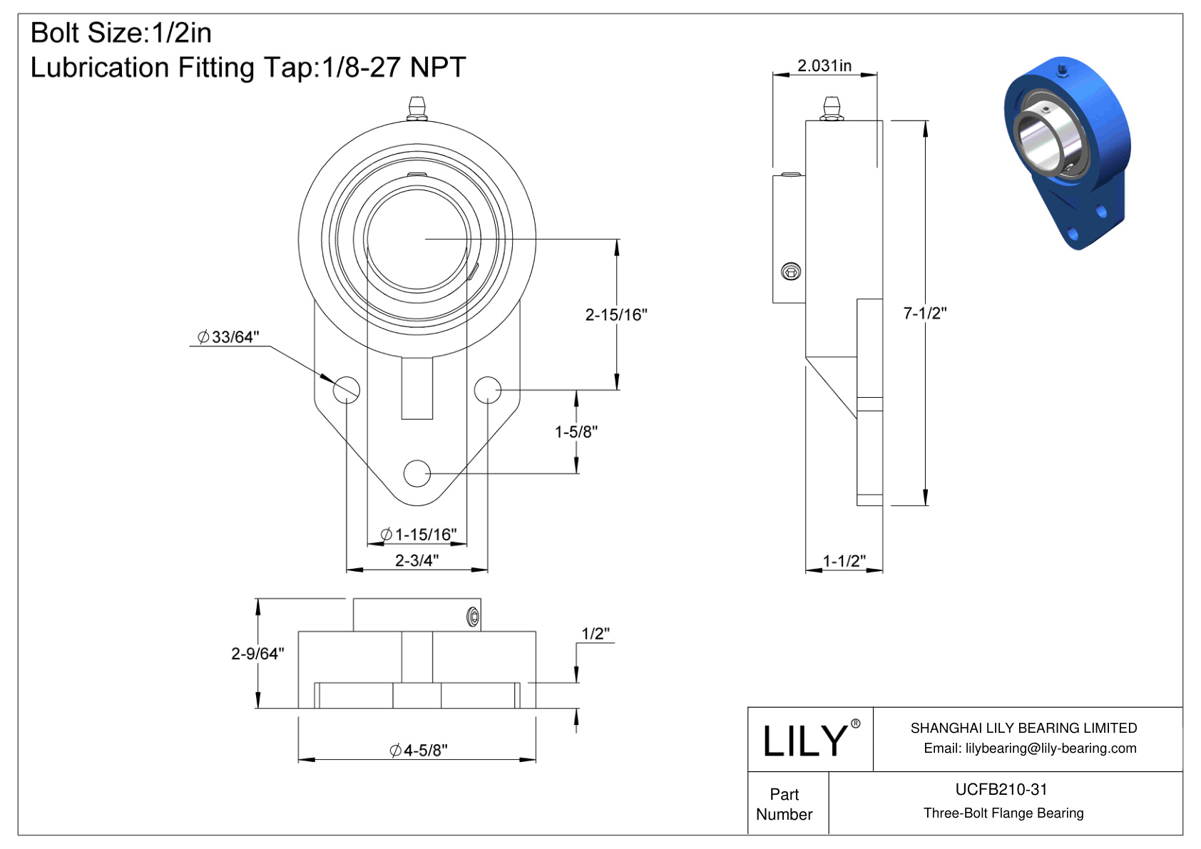 UCFB210-31 Tornillo de fijación del cojinete de brida de tres pernos cad drawing