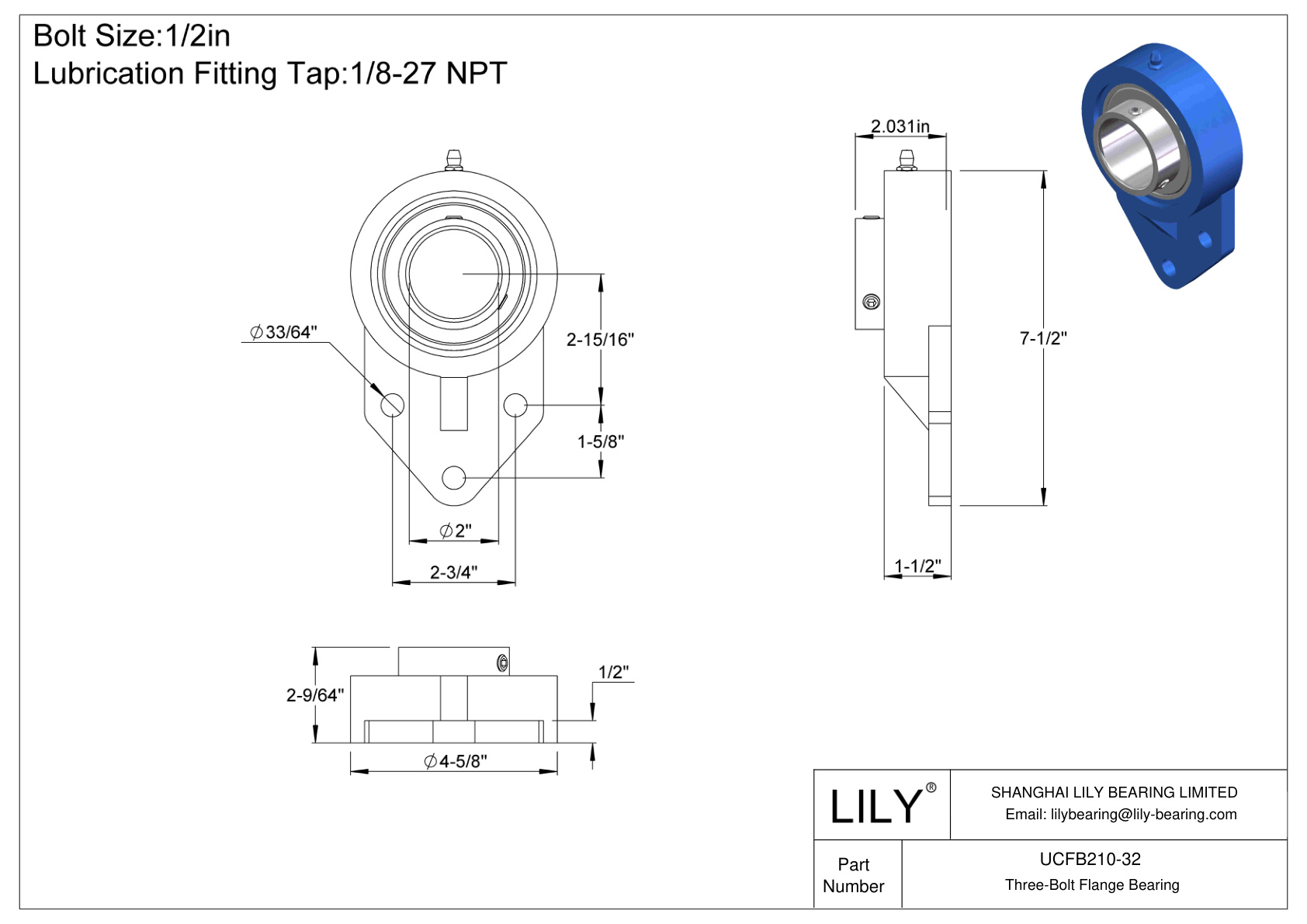 UCFB210-32 三螺栓法兰轴承固定螺钉锁定 cad drawing