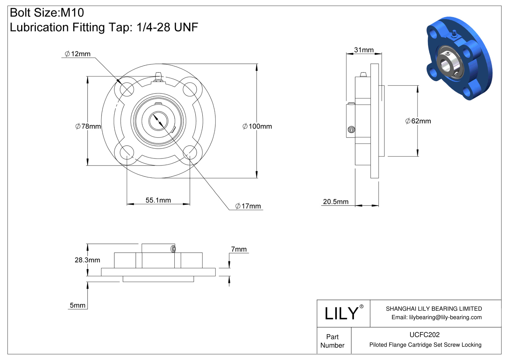 UCFC202 Piloted Flange Cartridge Set Screw Locking cad drawing