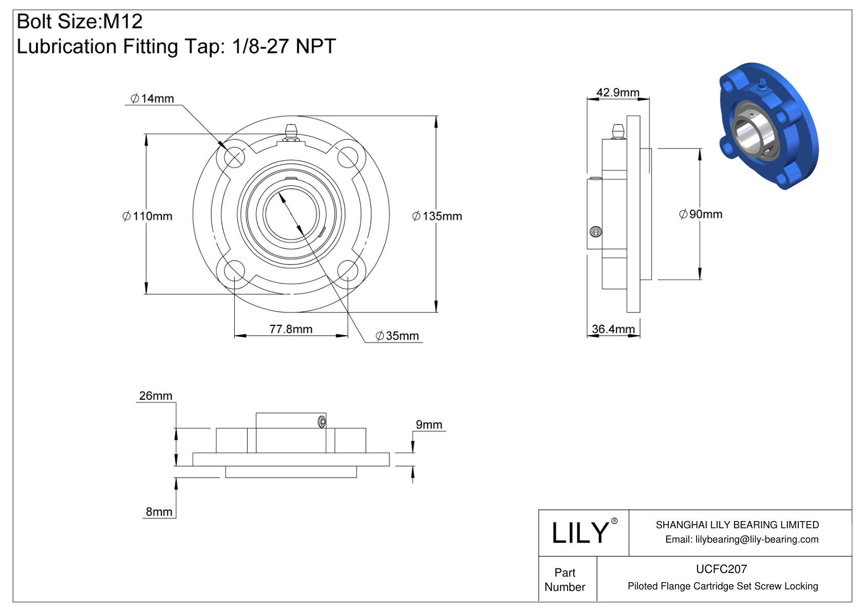 UCFC207 Cartucho con brida pilotada Tornillo prisionero Bloqueo cad drawing