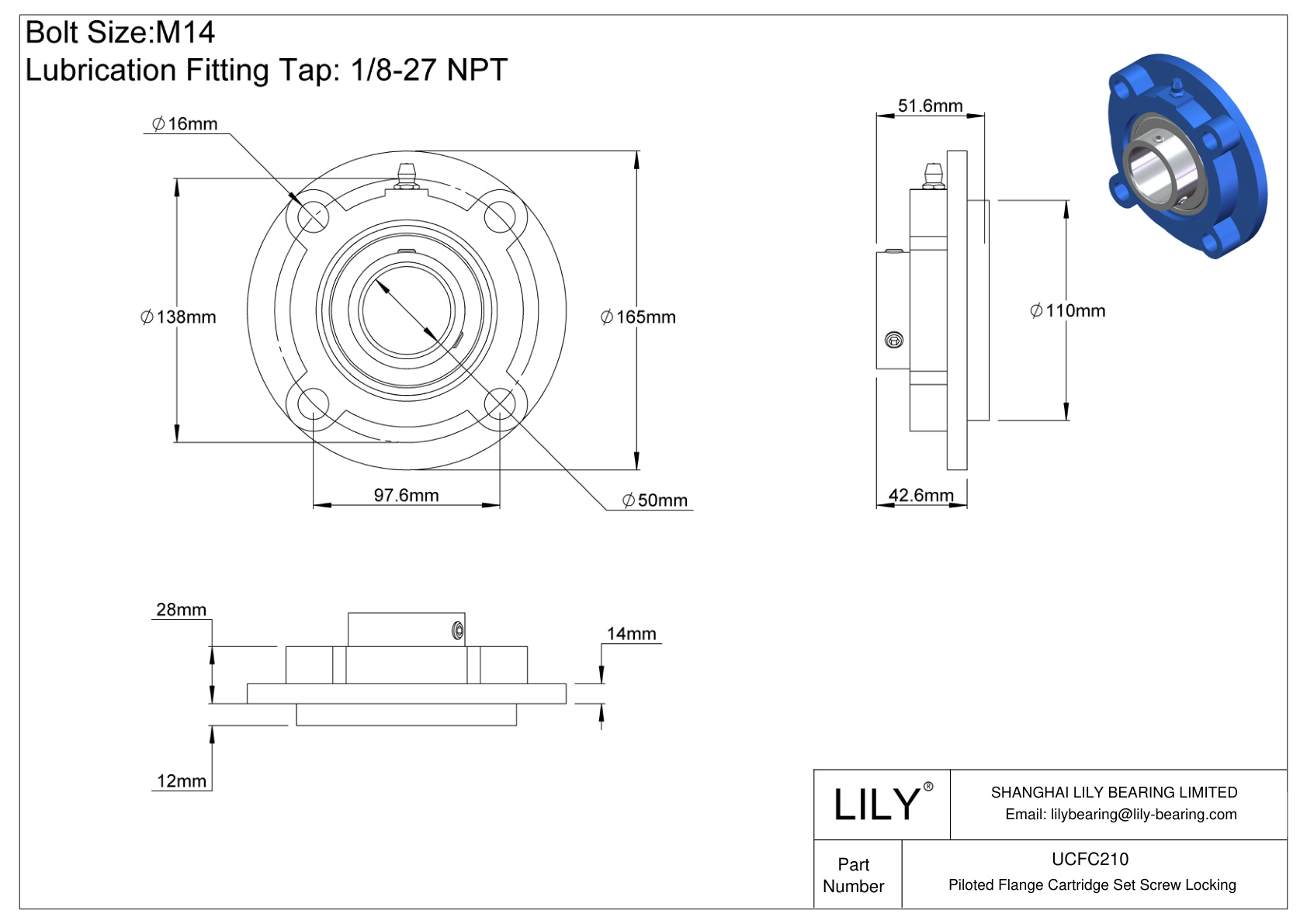 UCFC210 Piloted Flange Cartridge Set Screw Locking cad drawing