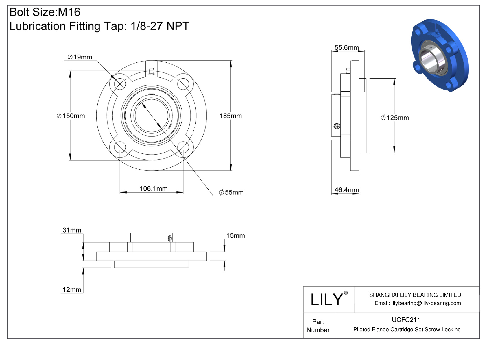 UCFC211 Piloted Flange Cartridge Set Screw Locking cad drawing