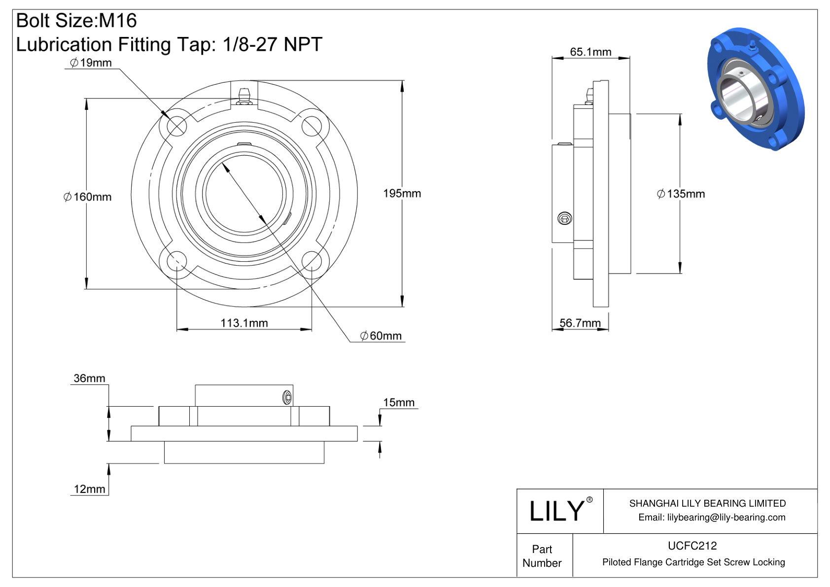 UCFC212 Piloted Flange Cartridge Set Screw Locking cad drawing