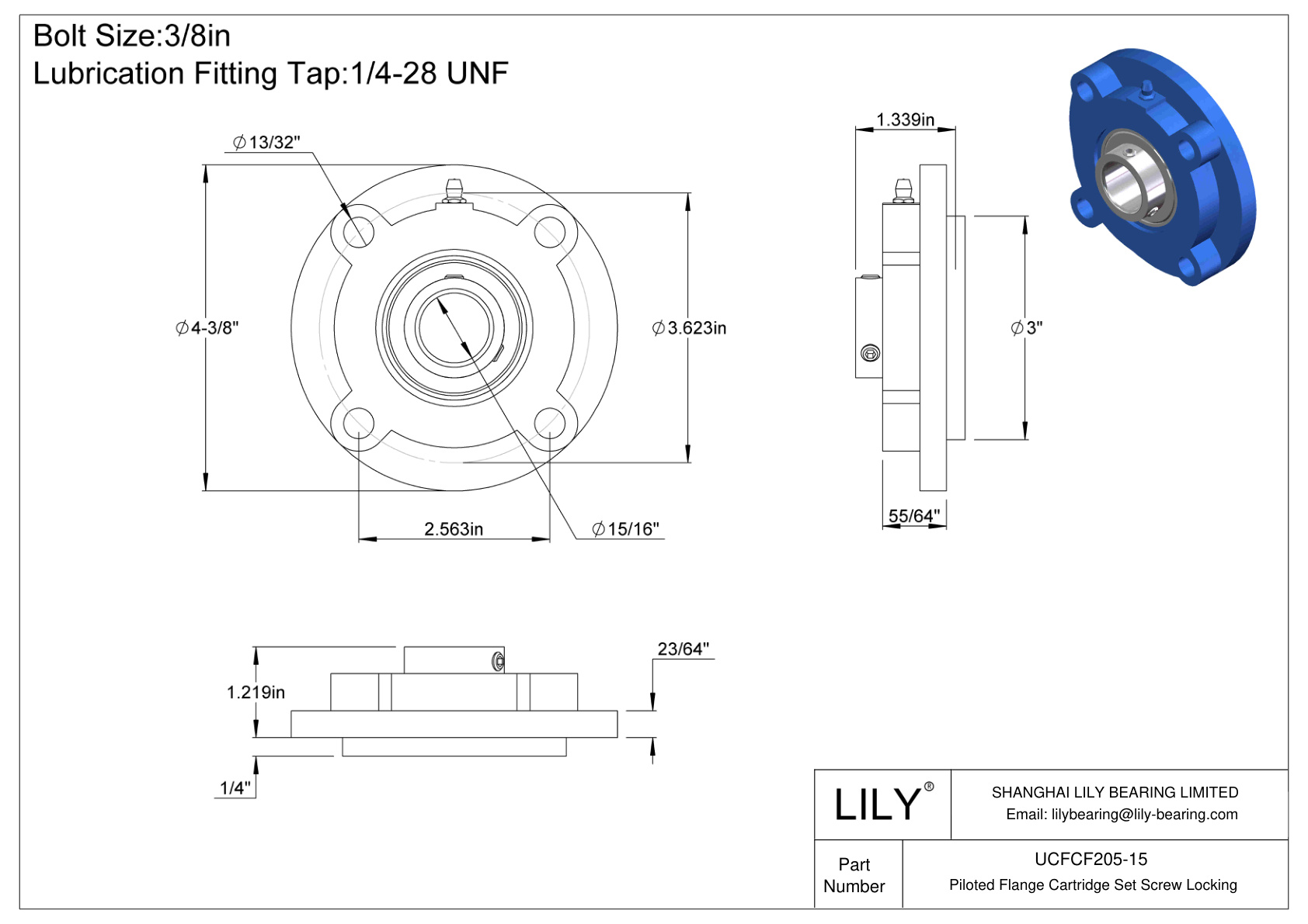 UCFCF205-15 Piloted Flange Cartridge Set Screw Locking cad drawing