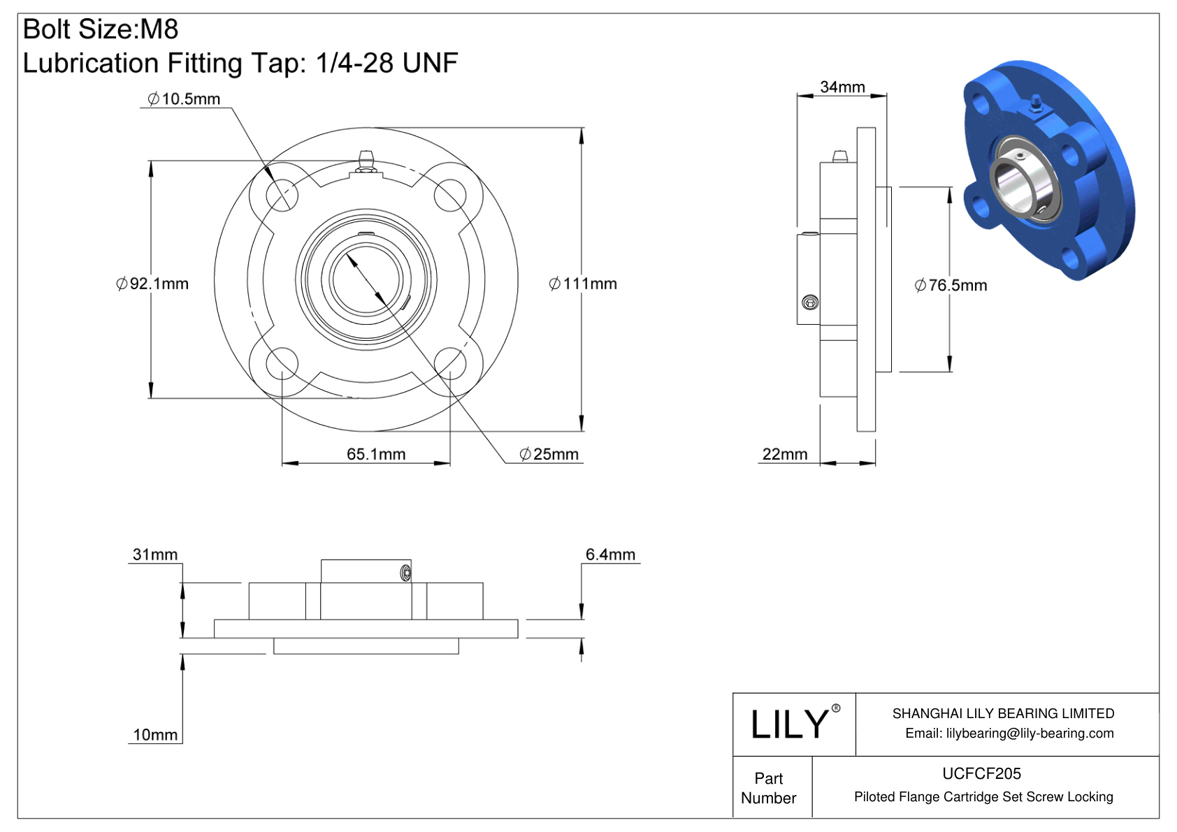 UCFCF205 Piloted Flange Cartridge Set Screw Locking cad drawing