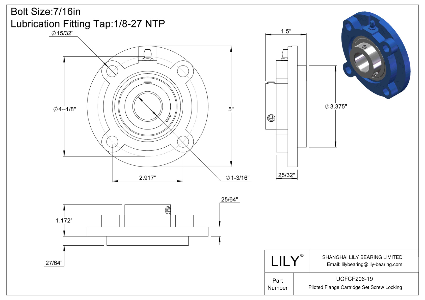 UCFCF206-19 Piloted Flange Cartridge Set Screw Locking cad drawing