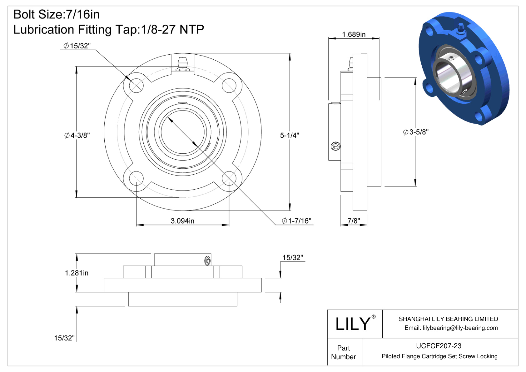 UCFCF207-23 Piloted Flange Cartridge Set Screw Locking cad drawing