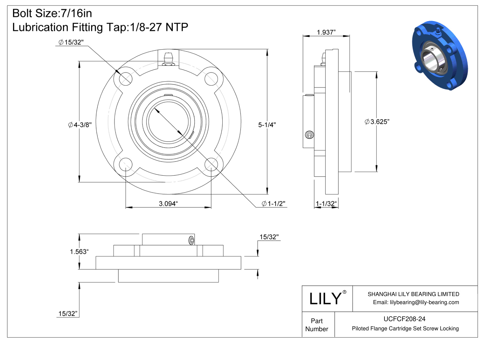 UCFCF208-24 Cartucho con brida pilotada Tornillo prisionero Bloqueo cad drawing