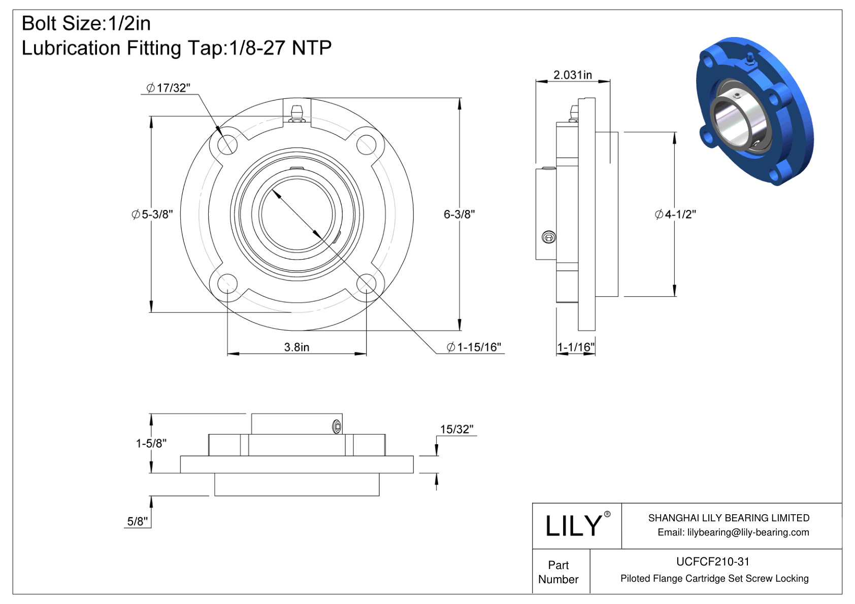 UCFCF210-31 Piloted Flange Cartridge Set Screw Locking cad drawing