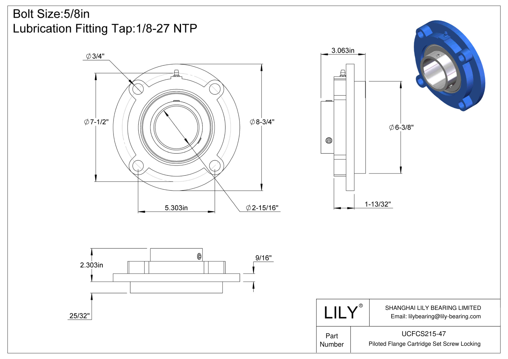 UCFCS215-47 Piloted Flange Cartridge Set Screw Locking cad drawing