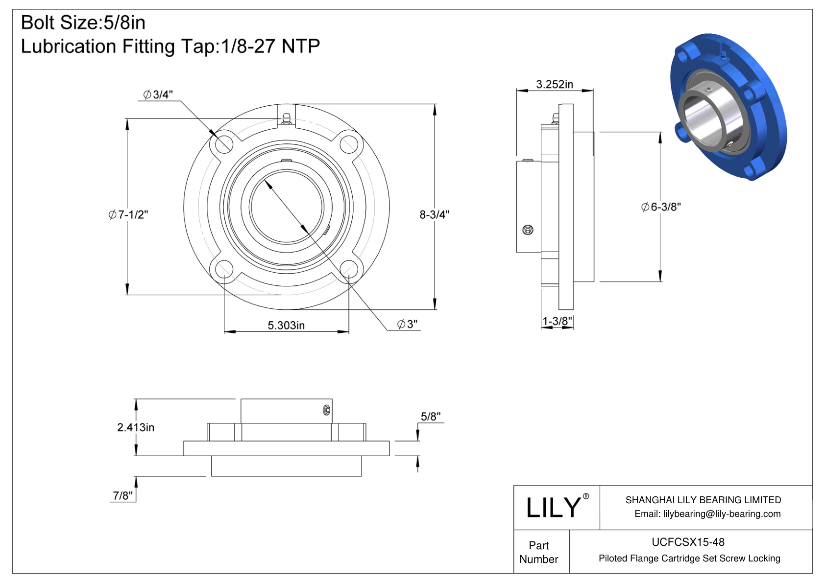 UCFCSX15-48 Piloted Flange Cartridge Set Screw Locking cad drawing