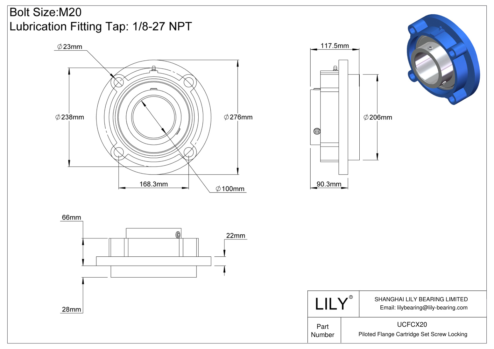 UCFCX20 Piloted Flange Cartridge Set Screw Locking cad drawing