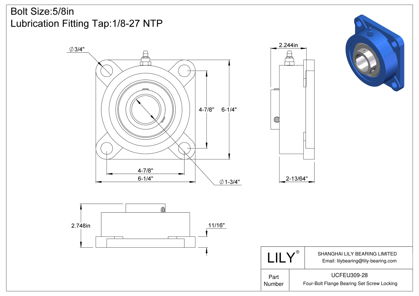 UCFEU309-28 Tornillo de fijación del cojinete de brida de cuatro pernos cad drawing