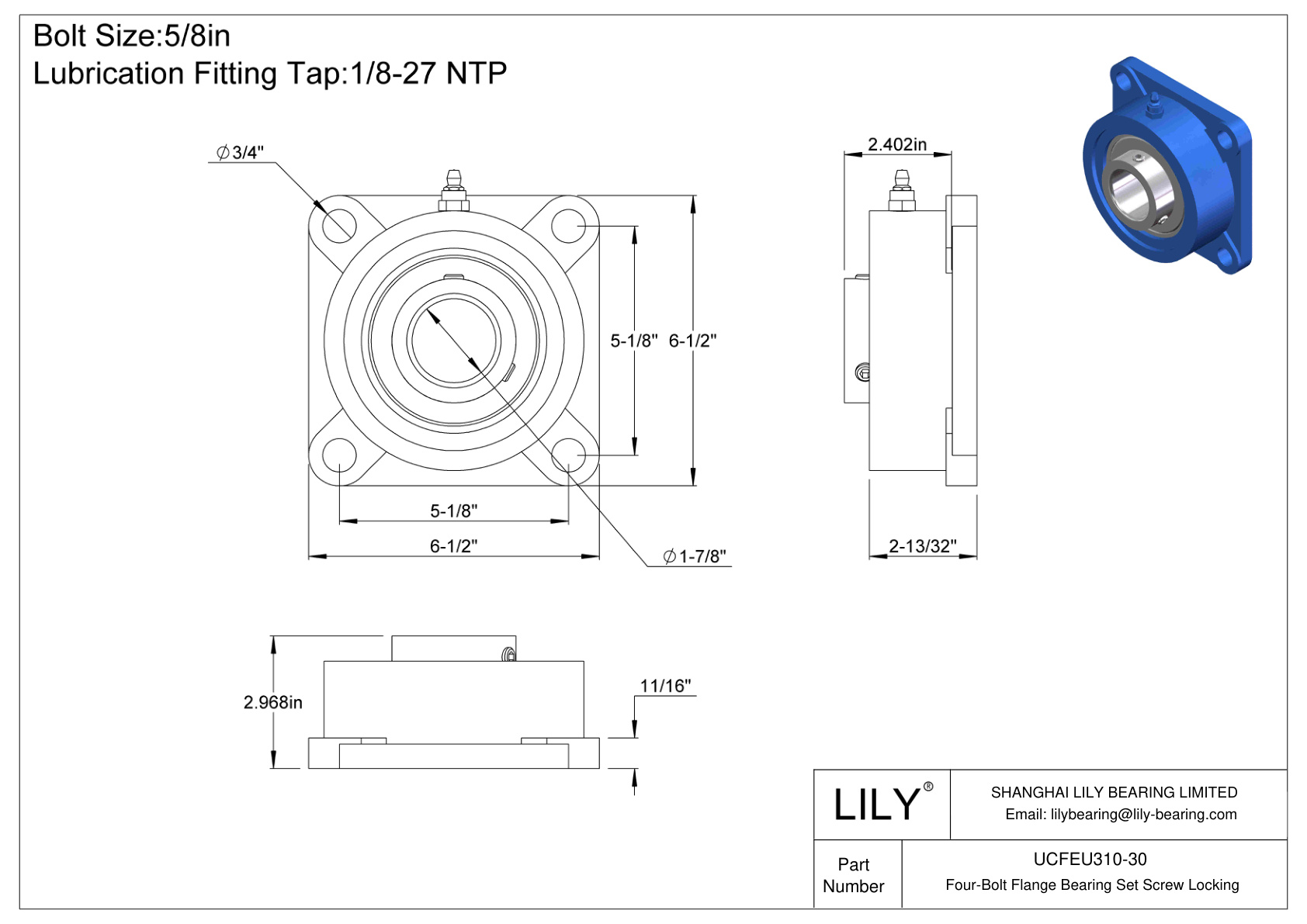 UCFEU310-30 Four-Bolt Flange Bearing Set Screw Locking cad drawing