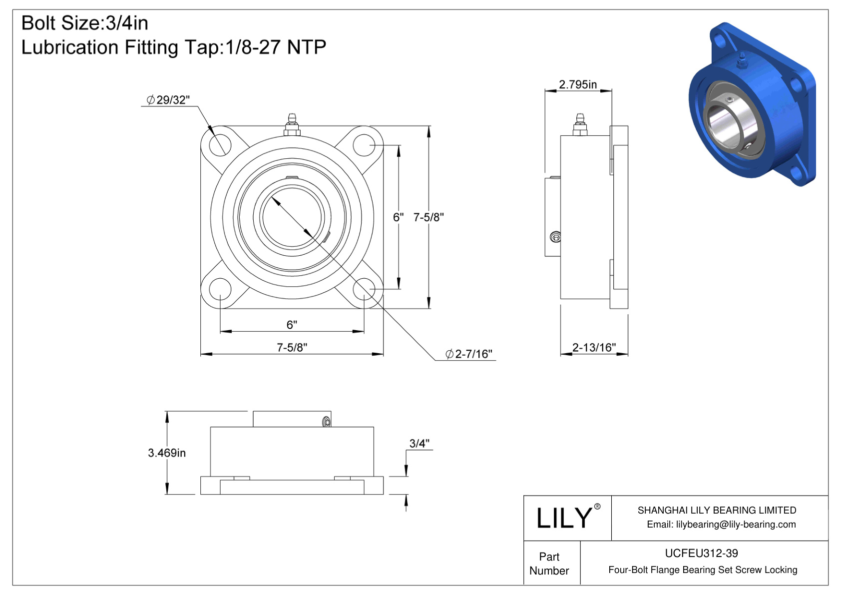 UCFEU312-39 Tornillo de fijación del cojinete de brida de cuatro pernos cad drawing