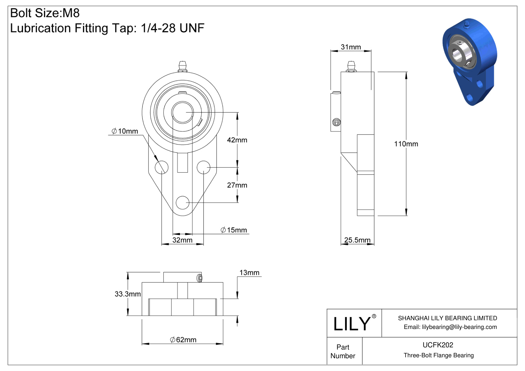 UCFK202 Three-Bolt Flange Bearing Set Screw Locking cad drawing