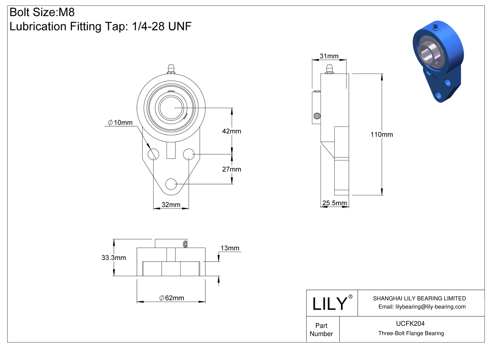 UCFK204 Three-Bolt Flange Bearing Set Screw Locking cad drawing