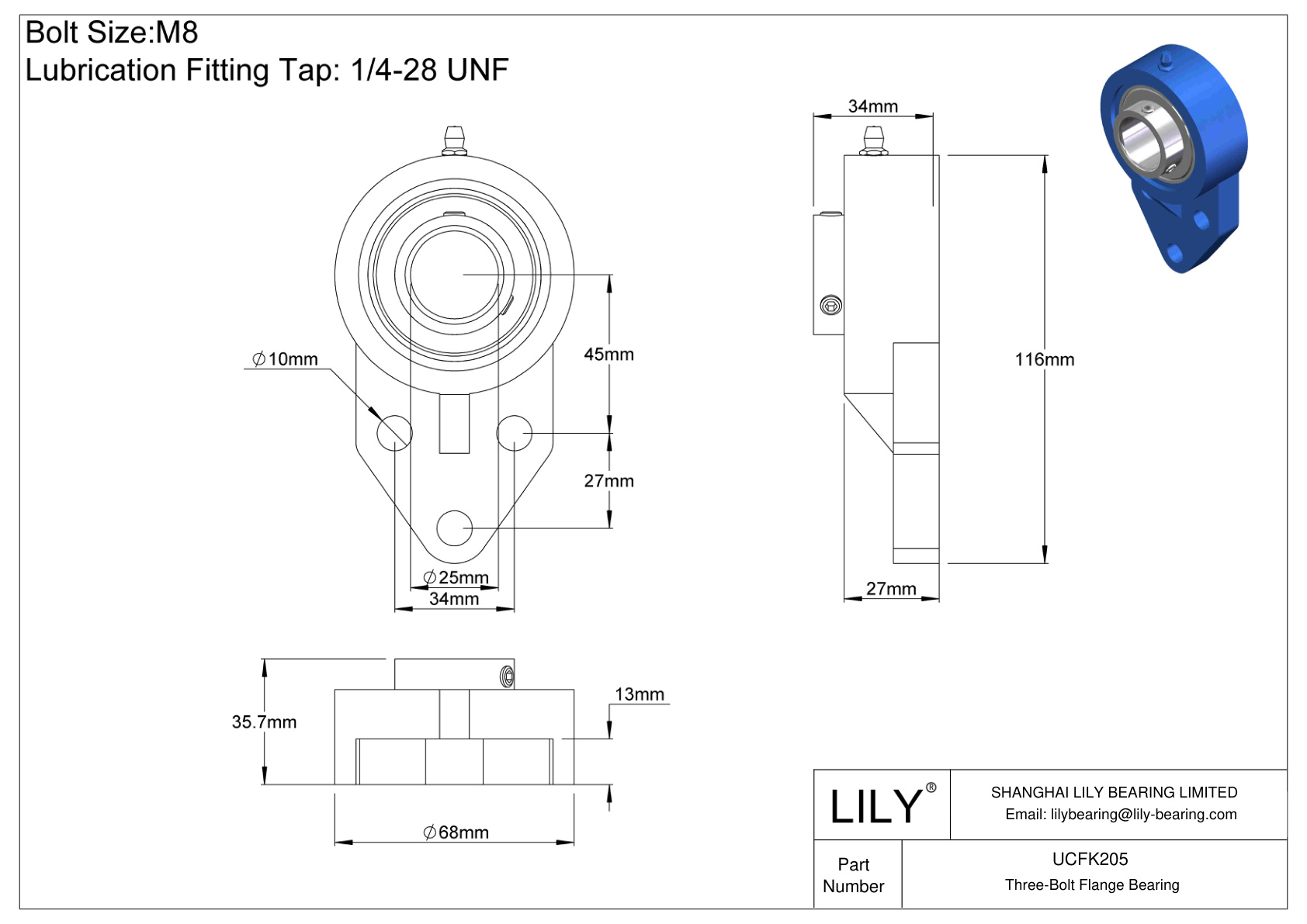 UCFK205 Tornillo de fijación del cojinete de brida de tres pernos cad drawing