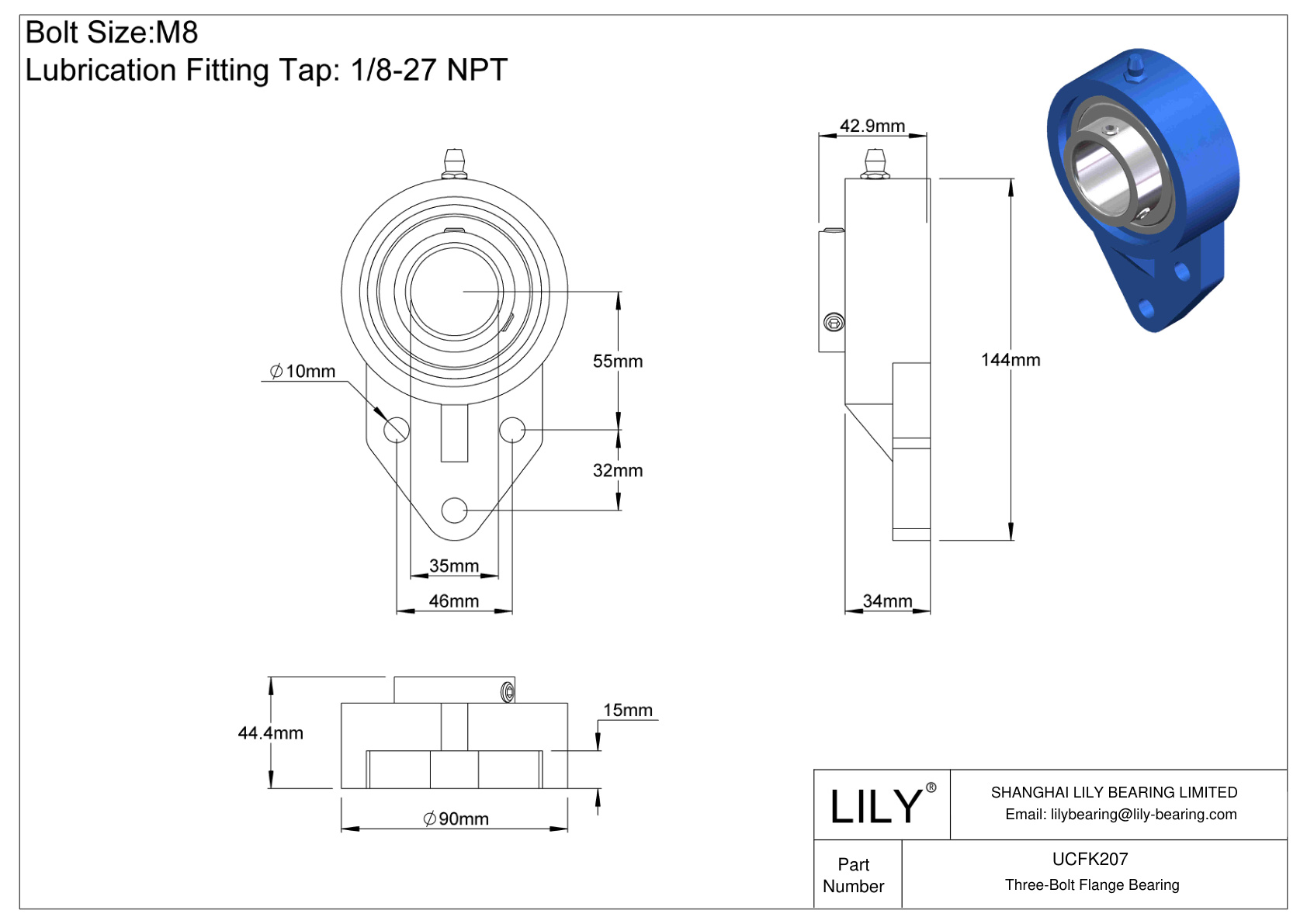 UCFK207 Three-Bolt Flange Bearing Set Screw Locking cad drawing