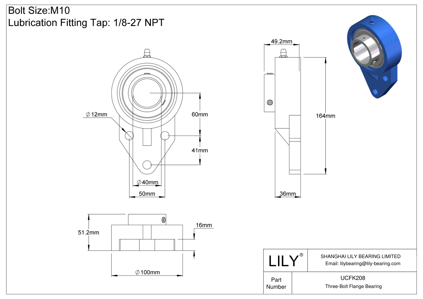 UCFK208 Tornillo de fijación del cojinete de brida de tres pernos cad drawing