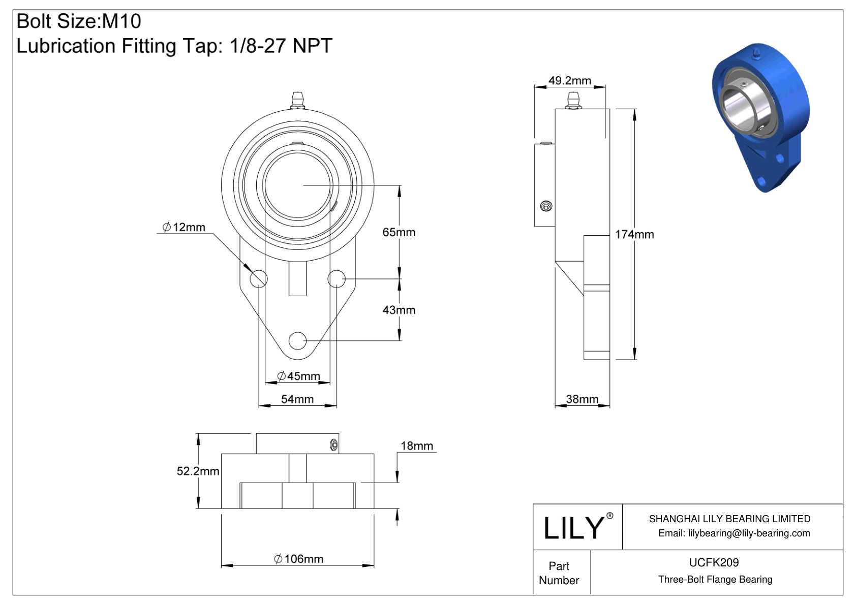 UCFK209 Three-Bolt Flange Bearing Set Screw Locking cad drawing