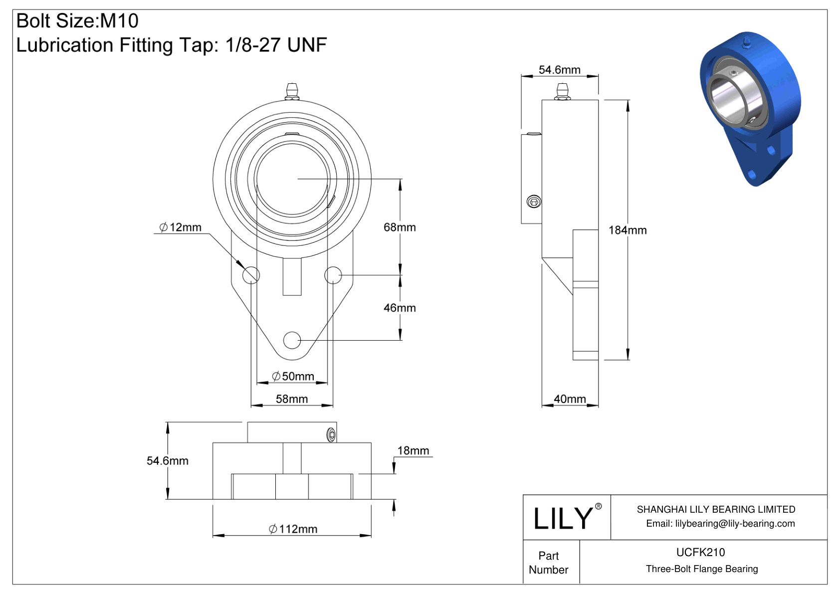 UCFK210 Three-Bolt Flange Bearing Set Screw Locking cad drawing