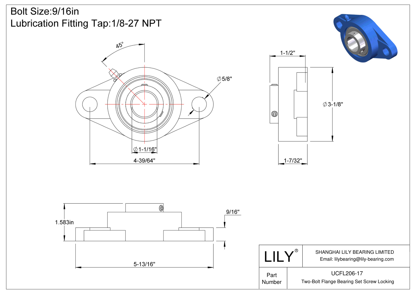 UCFL206-17 Two-Bolt Flange Bearing Set Screw Locking cad drawing