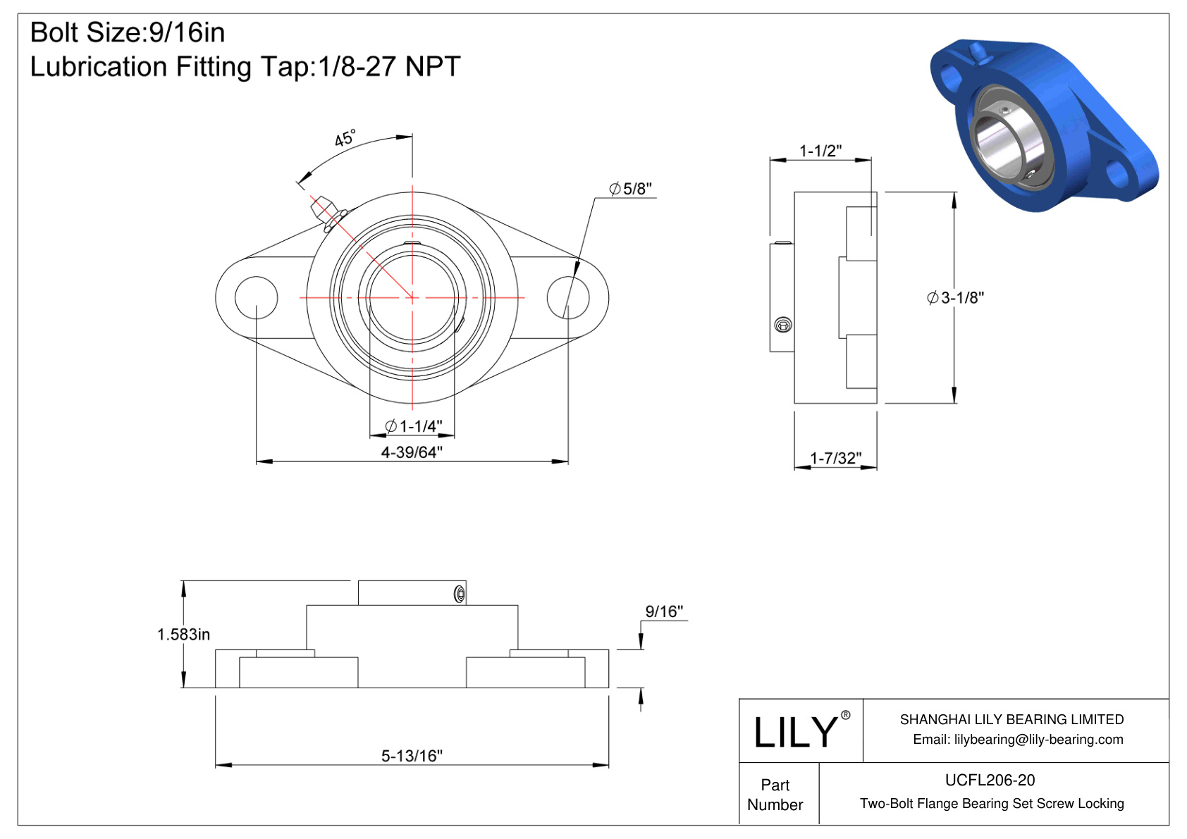 UCFL206-20 Two-Bolt Flange Bearing Set Screw Locking cad drawing