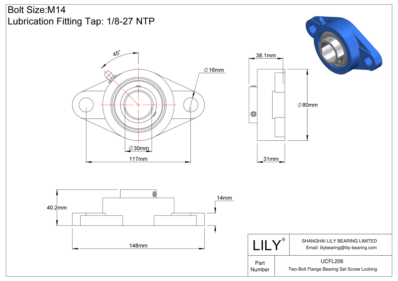 UCFL206 Two-Bolt Flange Bearing Set Screw Locking cad drawing