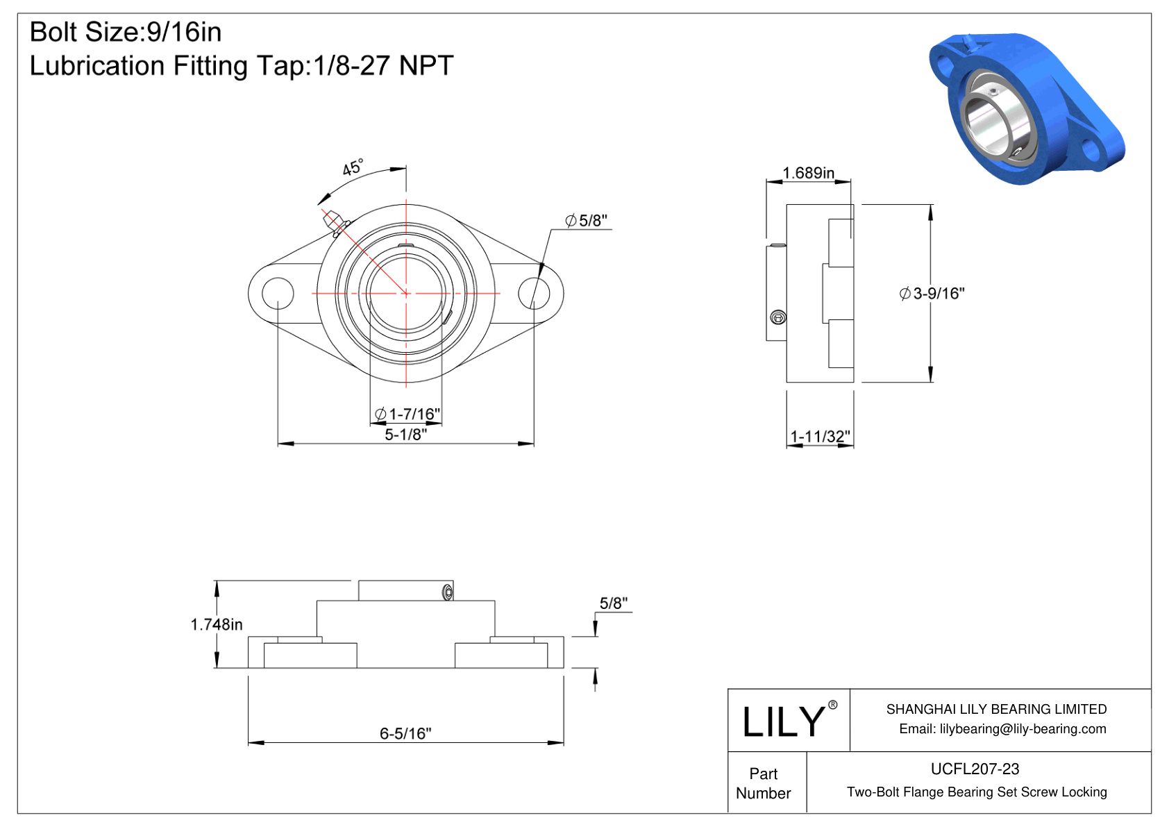 UCFL207-23 Two-Bolt Flange Bearing Set Screw Locking cad drawing