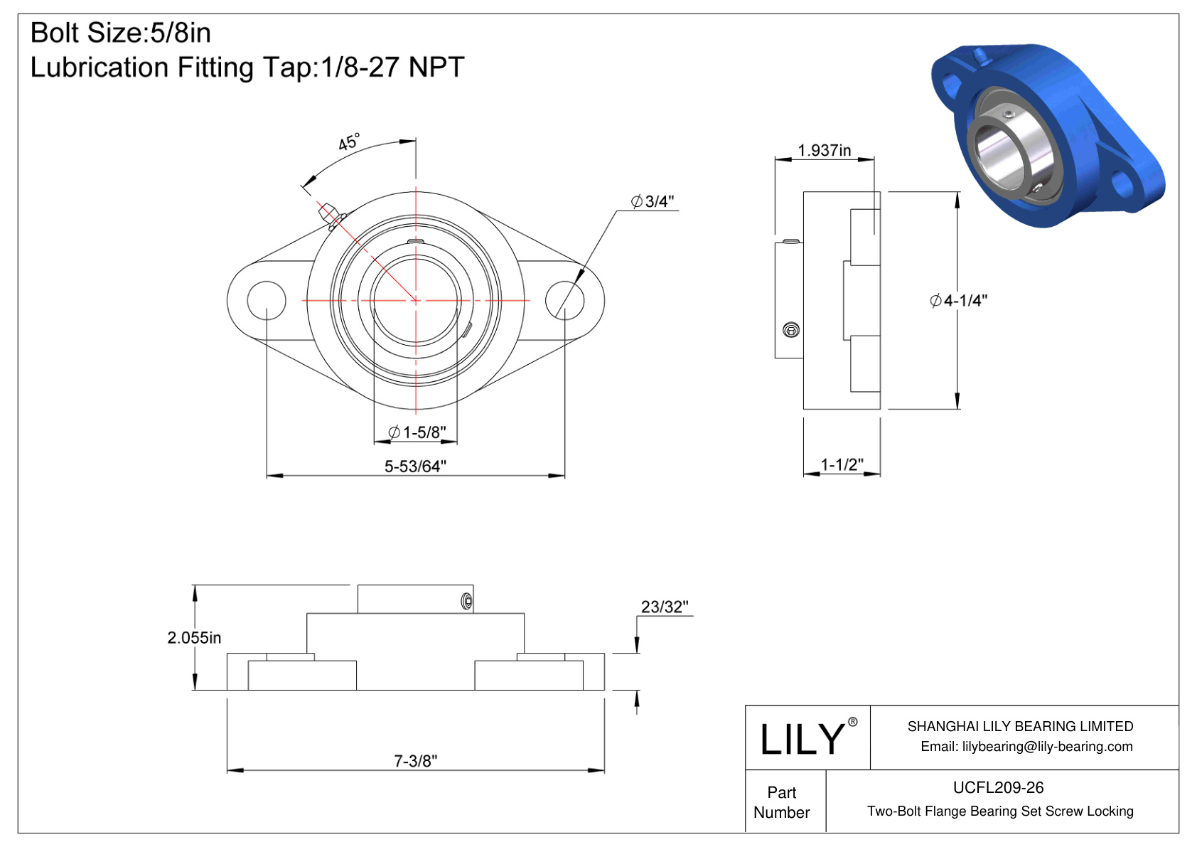 UCFL209-26 Tornillo de fijación del cojinete de brida de dos pernos cad drawing