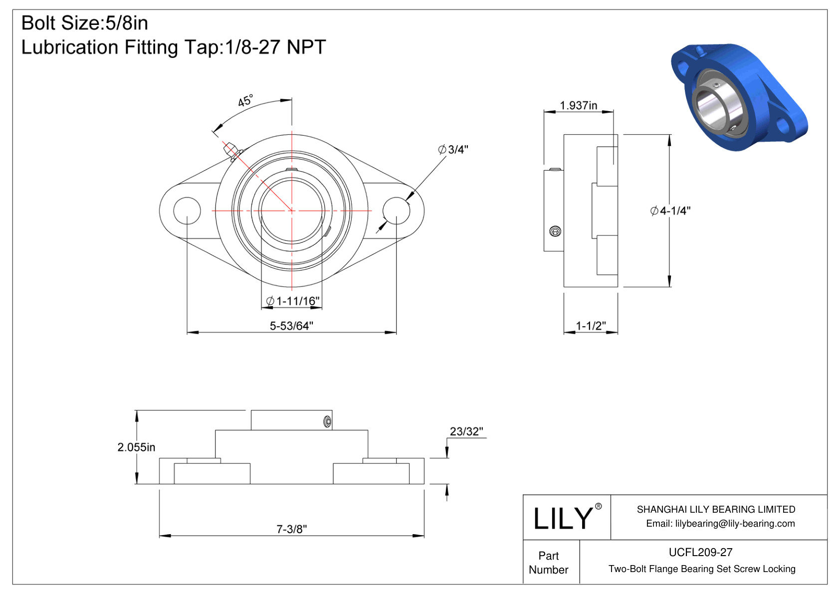 UCFL209-27 Two-Bolt Flange Bearing Set Screw Locking cad drawing