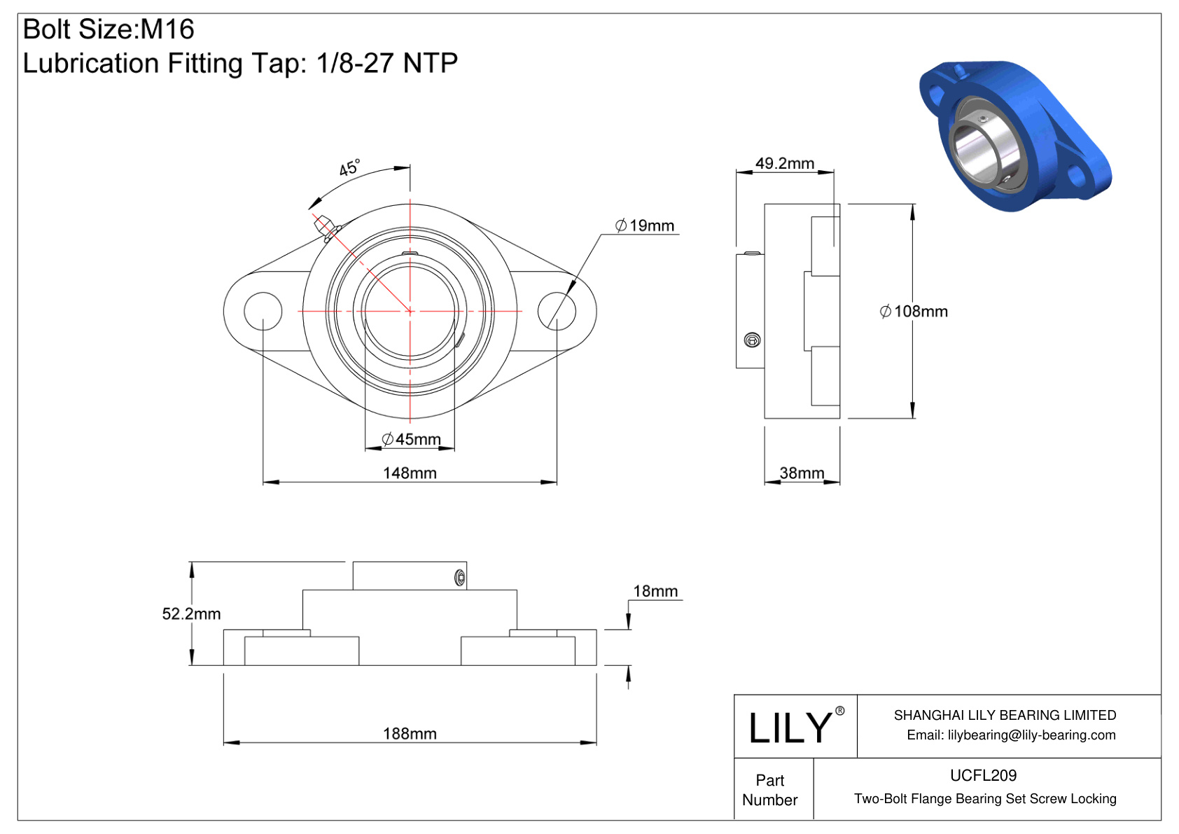 UCFL209 Two-Bolt Flange Bearing Set Screw Locking cad drawing