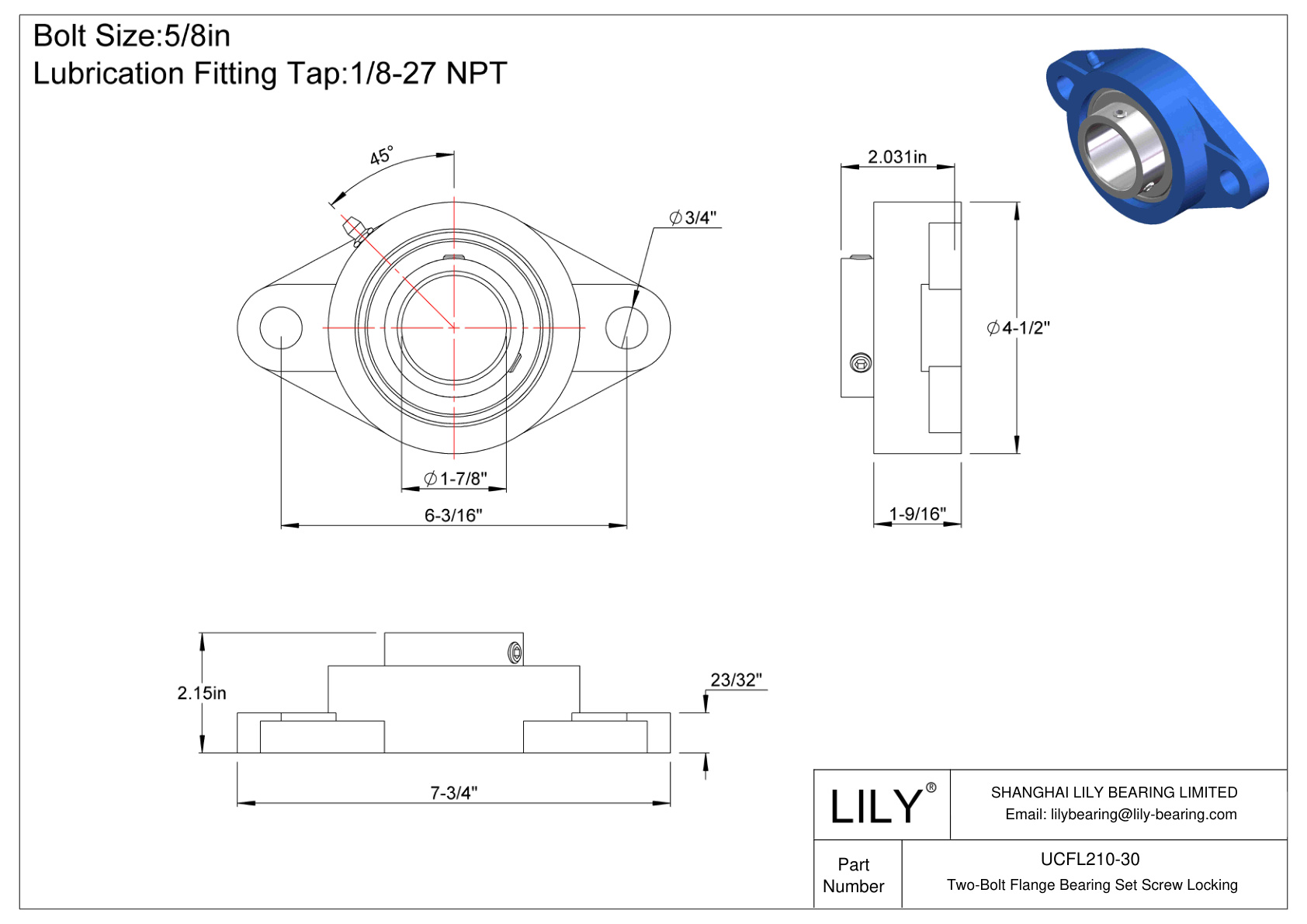 UCFL210-30 Tornillo de fijación del cojinete de brida de dos pernos cad drawing