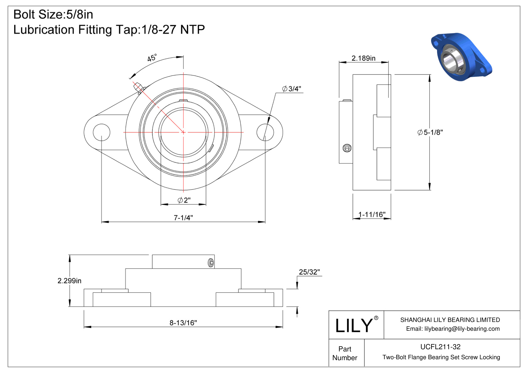 UCFL211-32 Tornillo de fijación del cojinete de brida de dos pernos cad drawing