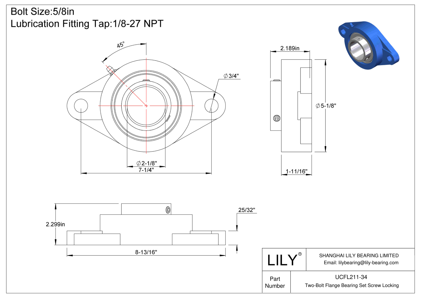 UCFL211-34 Tornillo de fijación del cojinete de brida de dos pernos cad drawing