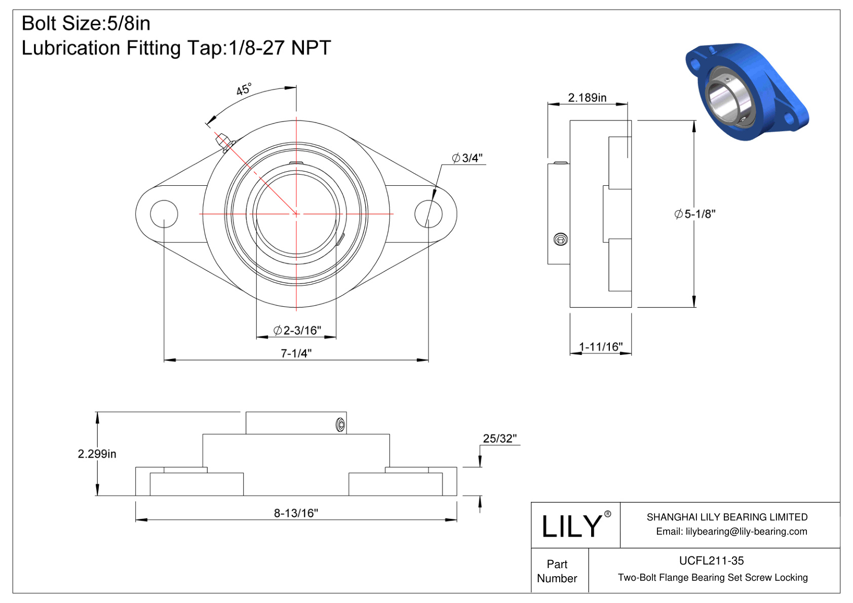 UCFL211-35 Two-Bolt Flange Bearing Set Screw Locking cad drawing